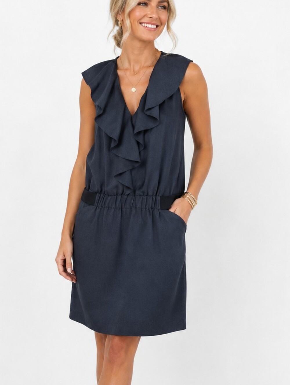 Rachel Roy Dress Navy Blue sleeveless ruffle